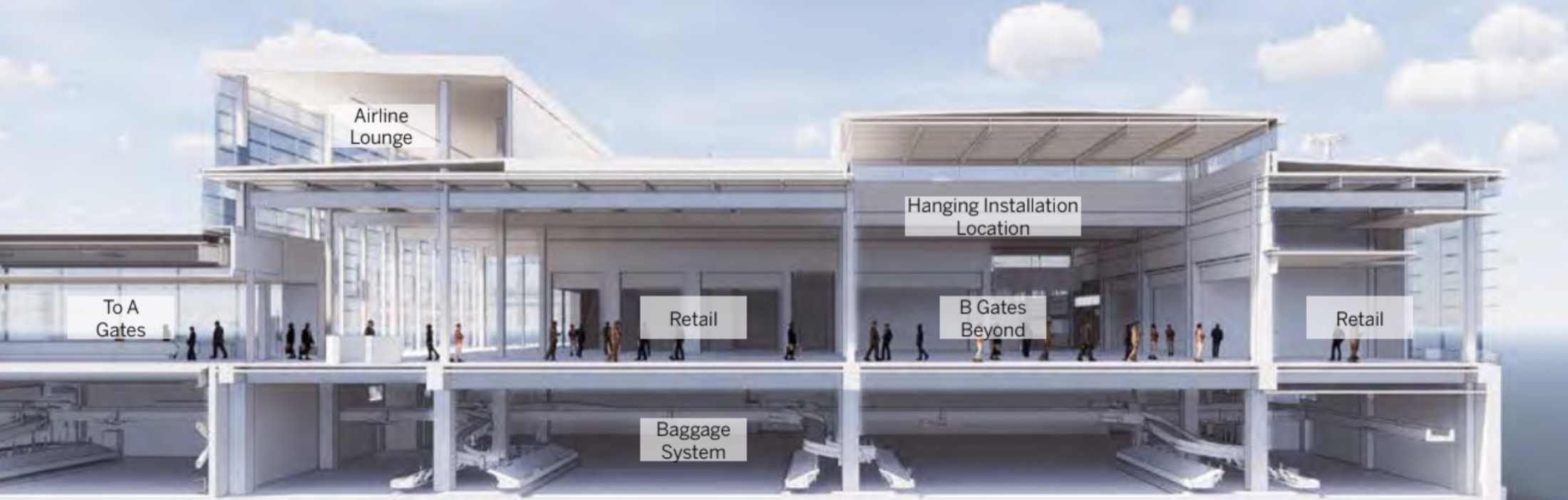 Cross-section rendering of the terminal showing the hanging installation location