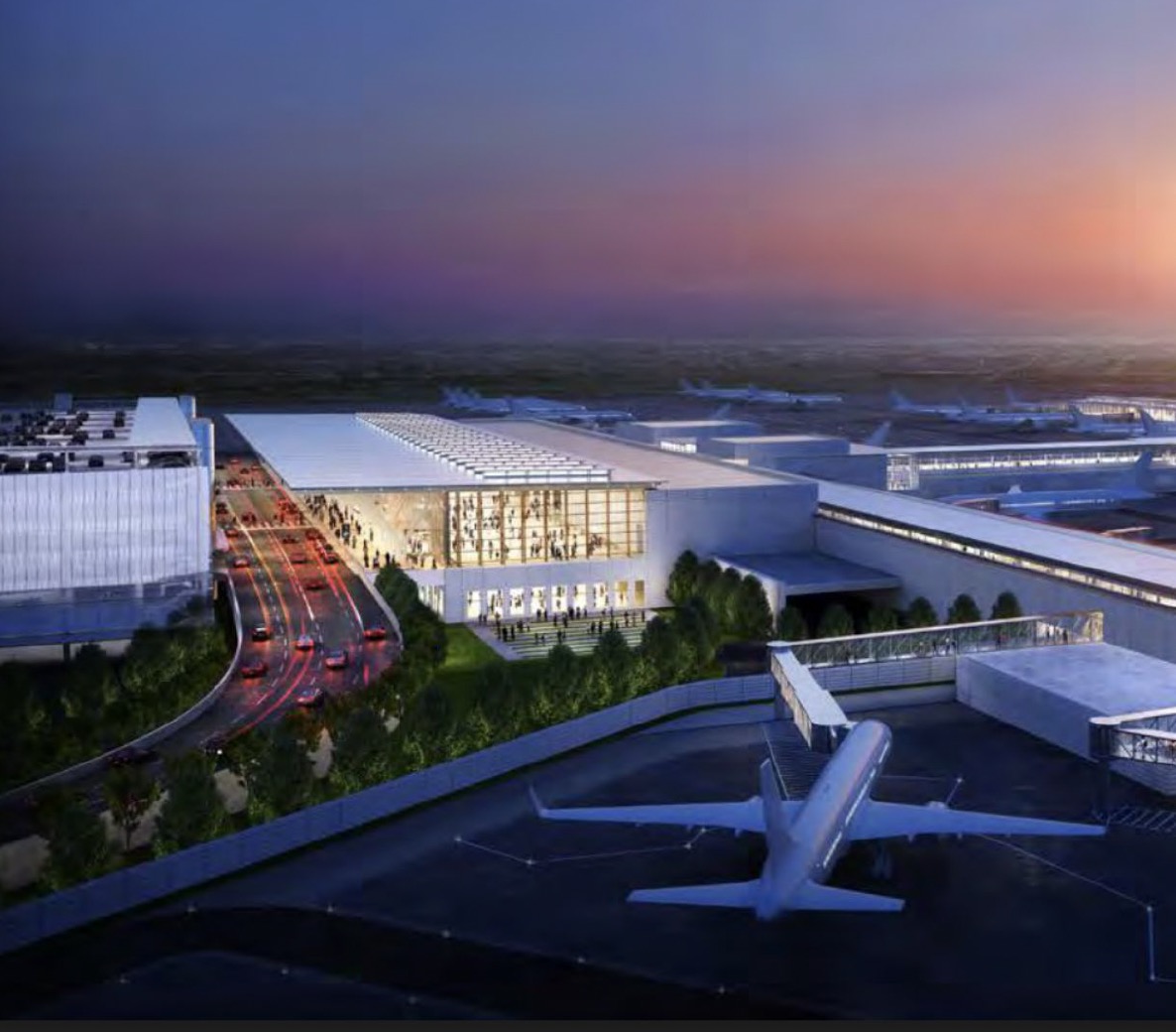 Rendering of the new KCI terminal exterior at dusk